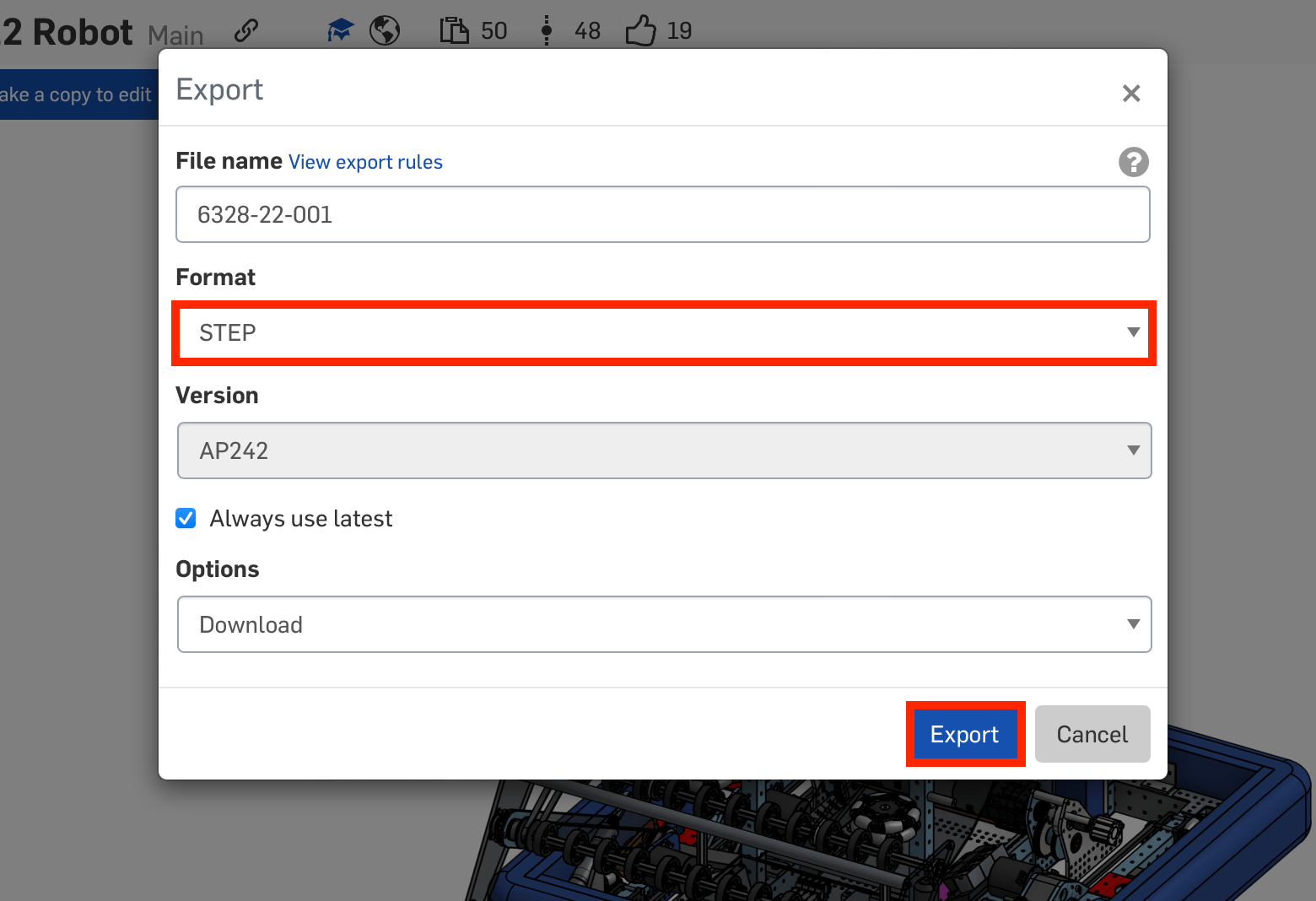 Export options pop-up